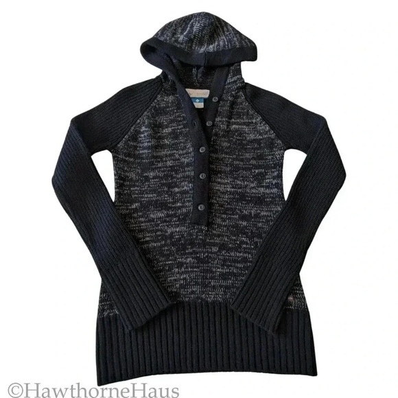 COLUMBIA Black Heather Grey Pullover Hoodie Sweater Size XS  Half Placket Button - Picture 4 of 8